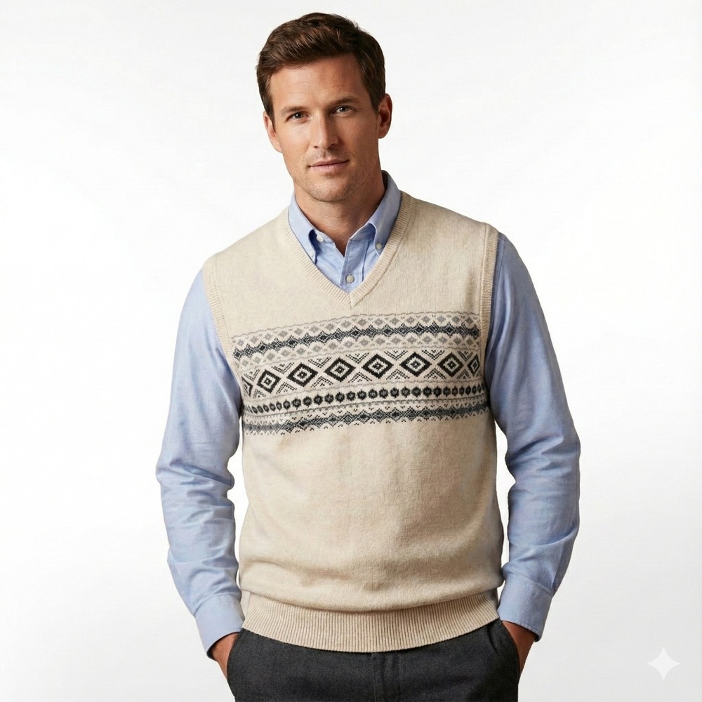 Chaps Sweater Vest Mens XL Beige Fair Isle Knit Pullover V Neck Old Money Casual